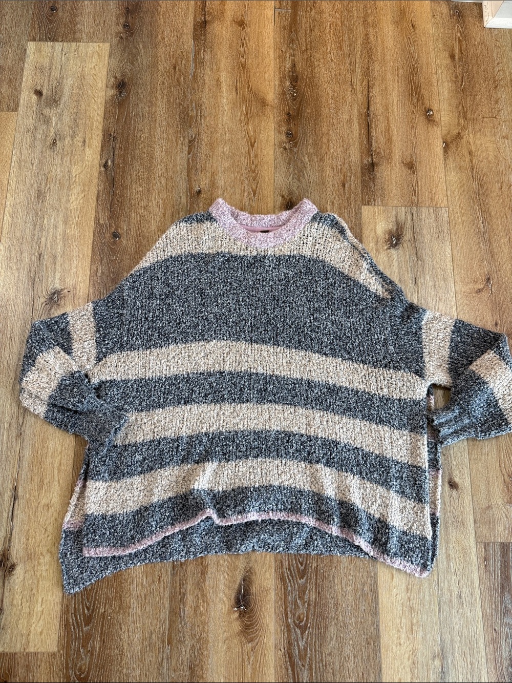Free People Striped Chenille Crewneck Sweater in Gray, Cream & Pink